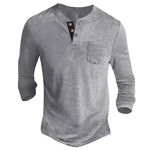 Produktbild: Langarmshirt Herren Basic Henley Shirt mit Brusttasche Langarm Lässige T-Shirt mit Knöpfen Einfarbige Baumwolle Regular Fit Hemd Herren Langarm Pullover grau XXL