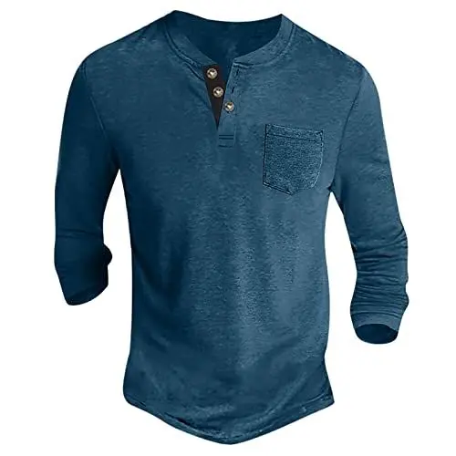 Produktbild: Langarmshirt Herren Basic Henley Shirt mit Brusttasche Langarm Lässige T-Shirt mit Knöpfen Einfarbige Baumwolle Regular Fit Hemd Herren Langarm T Shirt Herren blau M