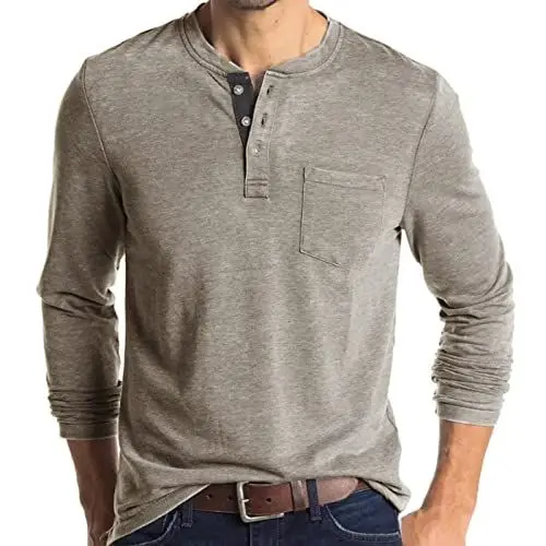 Produktbild: Langarmshirt Herren, Henley Shirt Baumwolle Basic Hemd Long Sleeve Casual T-Shirts Boss Tshirt Langärmelig Einfarbig Kragenloses Shirt mit Tasten T Shirt Herren Gelb S