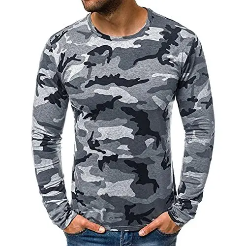 Produktbild: Langarmshirt Herren Langarm-Shirt mit Rundhalsausschnitt T-Shirt Herren Sommer Slim Casual Camouflage Printed Langarm Top Bluse (L,2grau)