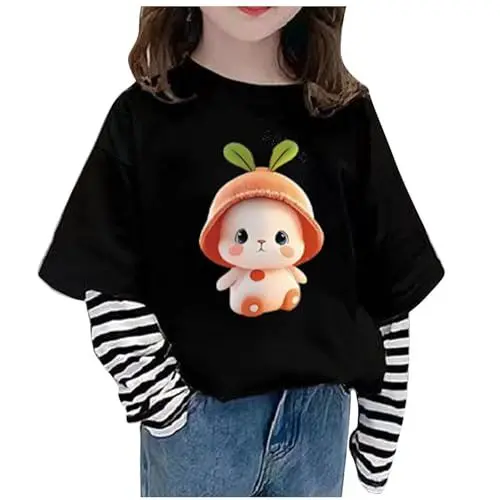 Produktbild: Langarmshirts Mädchen Baumwolle Tops Kinder T-Shirt Striped Kleidung Niedliche Klamotten Thermoshirt Bekleidung Oberteile Bedrucktes Long Sleeve Top Sweatshirt Schwarz,9 Jahre