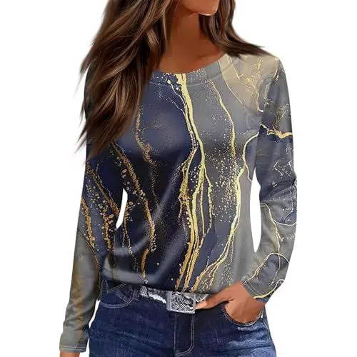 Produktbild: Langarmshirts für Damen, lässige Rundhals-Oberteile, Herbstmode 2024, tailliertes Basic-T-Shirt, Tunika-Oberteile, Pullover Blickdichte (Dark Blue, XXL)