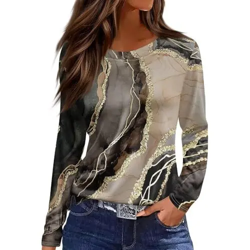 Produktbild: Langarmshirts für Damen, lässige Rundhals-Oberteile, Herbstmode 2024, tailliertes Basic-T-Shirt, Tunika-Oberteile, Pullover Glitzer Body Damen (Khaki, XL)