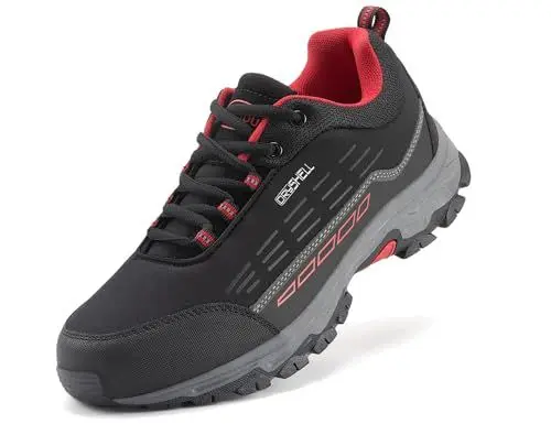 Produktbild: LANGDU Wanderschuhe Herren Damen Wasserdicht Leicht Wanderstiefel Outdoorschuhe Trekkingschuhe 37-46EU (Schwarz-Rot 10,39EU)