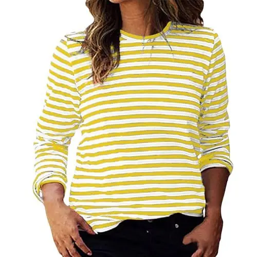 Produktbild: Lange Shirts Damen Damen Casual Gestreifte Langarmoberteile Rundhalsausschnitt Strick Rippen Basic T-Shirts Blusen Unterteil (Yellow, L)