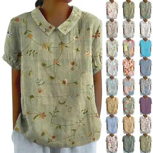 Produktbild: Lange Tshirts Damen Sale Leinenbluse Damen Art Floral Rundhals Lose Pullover Top Freizeithemd T-Shirt Tshirt Damen Rundhals 2024 Button-Down Kurzarm, Sommer Herbst Duft Sale Angebote Top Damen Weit