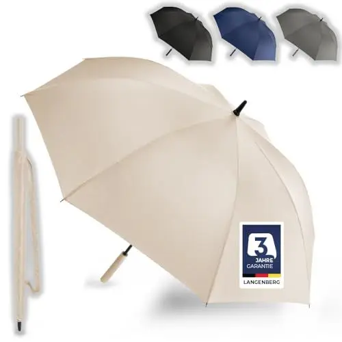 Produktbild: LANGENBERG Regenschirm groß mit (Ø138 CM SPANNWEITE) inkl. automatischer Öffnung - Sturmfest mit stilvollem Griff - XXL Regenschirm Herren und Damen - Stockschirm groß samt Tragehülle