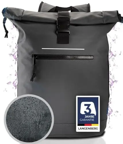 Produktbild: LANGENBERG Trenton Rolltop Rucksack - Wasserdichter Rucksack mit bequemen Schultergurten - Laptop Rucksack Herren und Damen - Wasserfester Rucksack groß mit 30 Liter Volumen