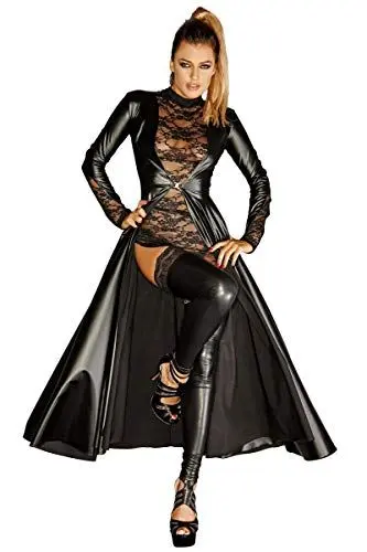 Produktbild: Noir Handmade - Eleganter Power Wetlook Mantel mit Spitze schwarz - Gr. L