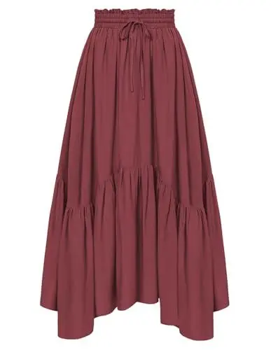 Produktbild: Langer Rock Damen A-Linie Hohe Taille mit Kordelzug Festlicher Midi Mittelalter Rock Rot M