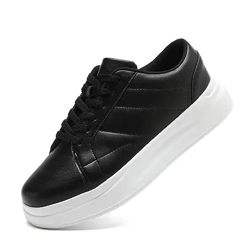 Produktbild: LANGFEUU Damen Turnschuhe Sneaker Flacher Absatz Leder Schuhe Wanderschuhe Straßenlaufschuhe rutschfest Frauen Halbschuhe Schwarz Weiß EU 39