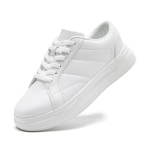 Produktbild: LANGFEUU Damen Turnschuhe Sneaker Flacher Absatz Leder Schuhe Wanderschuhe Straßenlaufschuhe rutschfest Frauen Halbschuhe Weiß EU 39