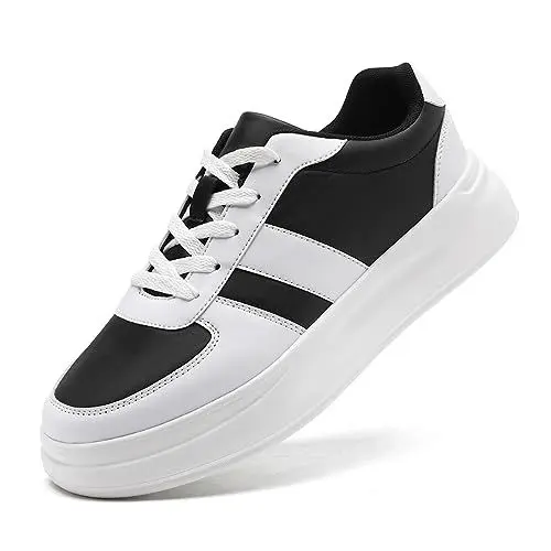 Produktbild: LANGFEUU Damen Turnschuhe Sneaker Leder Flacher Absatz Schuhe Wanderschuhe Straßenlaufschuhe rutschfest Frauen Halbschuhe Schwarz Weiß EU 39