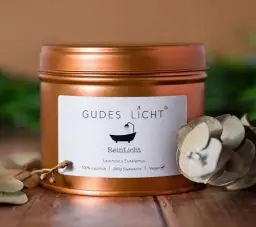 Produktbild: Langlebige Sojawachs Duftkerze - Lavendel & Eukalyptus/ReinLicht - Gudes Licht / 380g, regional, vegan, langlebig, Ätherische Öle, 80h Brenndauer, Designkerze für Bad, Spa & Wellness
