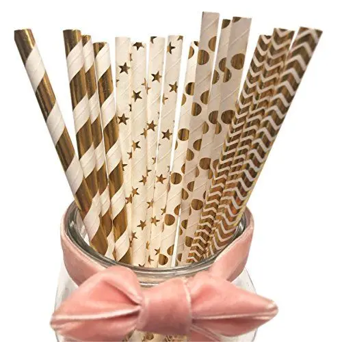 Produktbild: Langlebige, biologisch abbaubare Papierstrohhalme, goldene Themenparty-Strohhalme, Cocktail-Trinkhalme, verpackt in 100 gemischten Designs