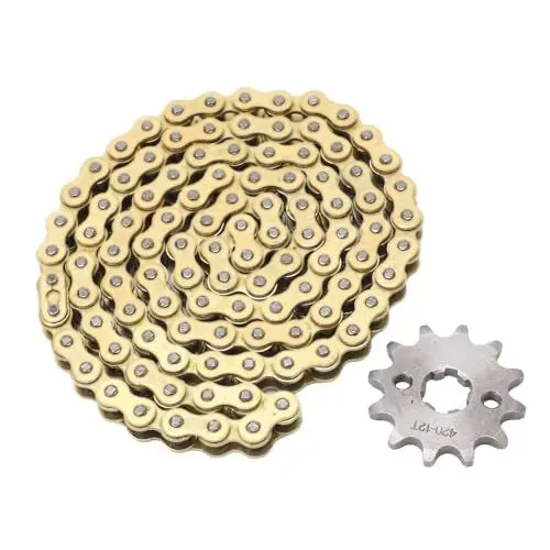 Produktbild: Langlebiges 420 12T-Kettenrad und 104-Glieder-Kettensatz, Breite Anwendungen, Robuste Materialien für 50–150 Cc ATV-Offroad-Motorräder mit Auffälliger Gold-Finish-Kette
