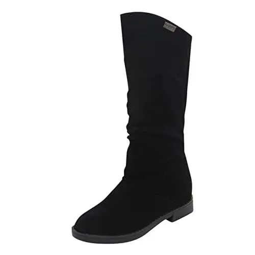 Produktbild: Langschaftstiefel Damen Hohe Warme Schneestiefel Stiefel Weiche Winter---Mittelrohr-Solid-Warm-Stiefel Klassische Damenfarbe Low-Heel-Damenstiefel Damen Schuhe Langschaft Overknees Lange (Black, 39)