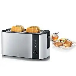Produktbild: SEVERIN Automatik-Langschlitztoaster für 4 Toastscheiben, mit Brötchenaufsatz hochwertiger Edelstahl Toaster mit großen Röstkammern und 1.400 W Leistung, Edelstahl-gebürstet/schwarz, AT 2590