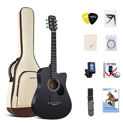 Produktbild: Lankro 38 Zoll Akustik Gitarre für Anfänger Westerngitarre Schwarz Linde Cutaway Guitarra Set mit Gig Bag Stap Learning Book Saiten Strap Tuner Picks Capo Reinigungstuch