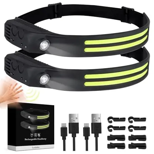 Produktbild: Lanlelin Stirnlampe LED Wiederaufladbar, 2 Stück 230° Weitwinkel IPX4 Wasserdicht Kopflampe Stirnlampe mit Rotem Warnlicht, 5 Lichtmodi Sensor Wasserdichte Stirnlampen für Joggen, Angeln, Laufen