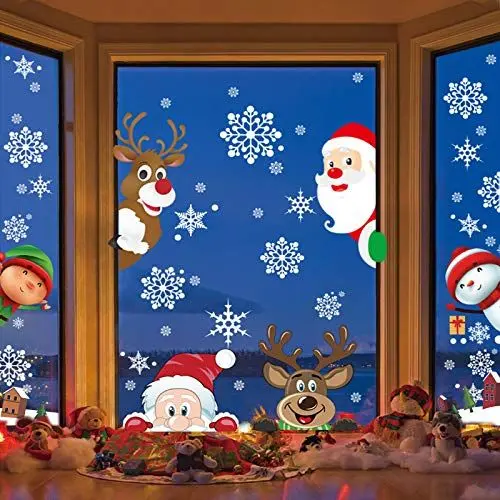 Produktbild: LANMOK 10 blätter Weihnachten Fensterbilder Schneeflocken Fensteraufkleber Statisch Spähen Elche Süße Weihnachtsmann Winter PVC Sticker Fensterdeko für Kinderzimmer Tür Vitrinen Glasfronten
