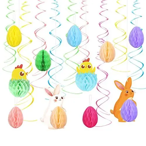 Produktbild: LANMOK 29Stk Ostern Aufhängen Dekoration Ostereier Papierbienenwaben Osterhasen Spiralen hängende Wirbel Deko für Deckenhänger Osterfeier Party Drinnen Draußen
