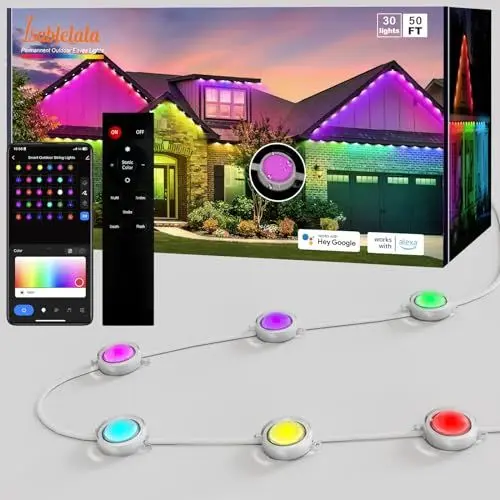 Produktbild: Lanmonlily Permanente Außenbeleuchtung, Smart RGBAI-Außenleuchte mit 68 Szenenmodi, 15m mit 30 LED-Trauflichter, lichterkette außen IP67 wasserdicht, Arbeit mit Alexa, Google Assistant. (50ft)