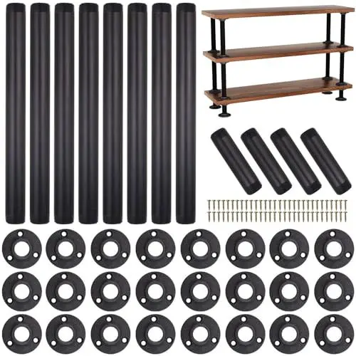 Produktbild: LANMOU Tischbeine Metall Schwarz, 12er Set Möbelfüße metall Schwarz 70 cm, Rund aus Stahl, Metallfüße im Industrial Stil, für Möbel & Heavy Duty Home DIY Projekte, Inkl. Schrauben, Stabil, 30+30+10 cm
