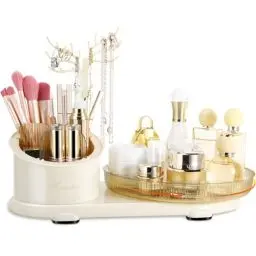 Produktbild: Lannvan Make up Organizer, 360° Drehbar Kosmetik Organizer mit Schmuckständer, 3 in 1 Beauty Multifunktionale Große Kapazität Schminktisch Organizer, Cremegelb