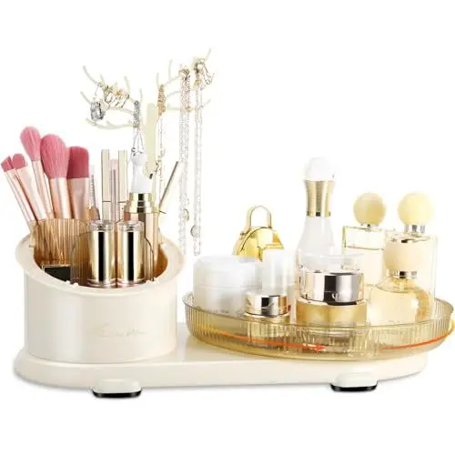 Produktbild: Lannvan Make up Organizer, 360° Drehbar Kosmetik Organizer mit Schmuckständer, 3 in 1 Beauty Multifunktionale Große Kapazität Schminktisch Organizer, Cremegelb