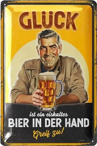 Produktbild: LANOLU Blechschilder Retro GLÜCK IST EIN EISKALTES BIER - Biertrinker Geschenk Bierliebhaber, lustiges Bierschild, Blechschilder Bier, Metallschilder mit Sprüchen 20x30cm