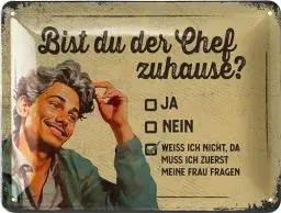 Produktbild: LANOLU Retro Blechschild BIST DU DER CHEF, vintage Metallschilder mit Sprüchen, Shabby Chic Deko Küche und Garten, lustige Schilder aus Metall 15x20cm
