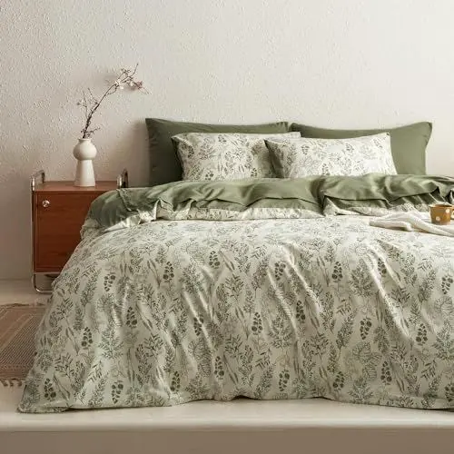 Produktbild: Lanqinglv Bettwäsche 135x200 cm Grün Blätter Blumen Pflanzen Wende Bettwäsche Set Bunt Bettbezug mit Reißverschluss und 1 Kissenbezug 80x80 cm,ÖkoTex Zertifiziert & für Allergiker Geeignet