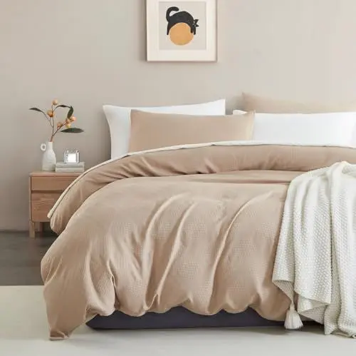 Produktbild: Lanqinglv Bettwäsche 135x200cm Beige Waffeloptik Waffle Handstricken Stickerei Geometrisch Muster Wendebettwäsche Set aus Mikrofaser,Bettbezugg und 1 Kissenbezug 80x80cm mit Reißverschluss