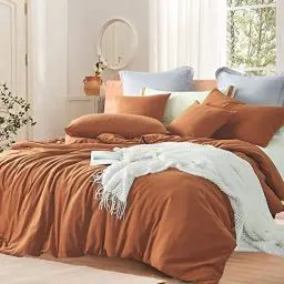Produktbild: Lanqinglv Bettwäsche 135x200cm Gewaschen Baumwolle Karamell Braun Uni Baumwollbettwäsche Set Einzelbett 2teilig - Renforce Bettbezug 135x200cm mit Reißverschluss und 1 Kissenbezug 80x80cm
