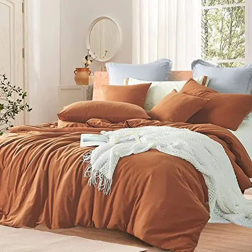Produktbild: Lanqinglv Bettwäsche 135x200cm Gewaschen Baumwolle Karamell Braun Uni Baumwollbettwäsche Set Einzelbett 2teilig - Renforce Bettbezug 135x200cm mit Reißverschluss und 1 Kissenbezug 80x80cm