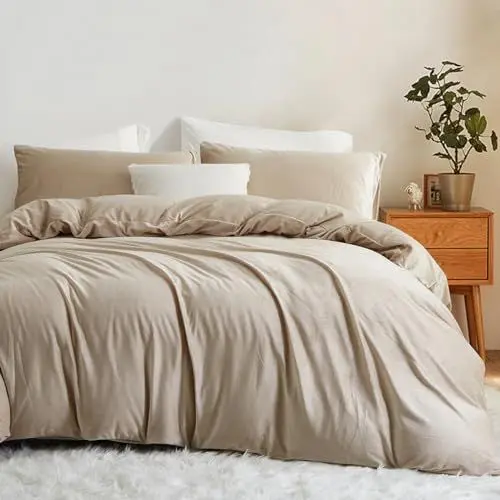Produktbild: Lanqinglv Flanell Fleece Bettwäsche 135x200 cm Khaki Haferflocken Plüsch Flauschig Winterbettwäsche Warme Cashmere Touch Biber Uni Bettbezug mit Reißverschluss und Kissenbezug 80x80 cm