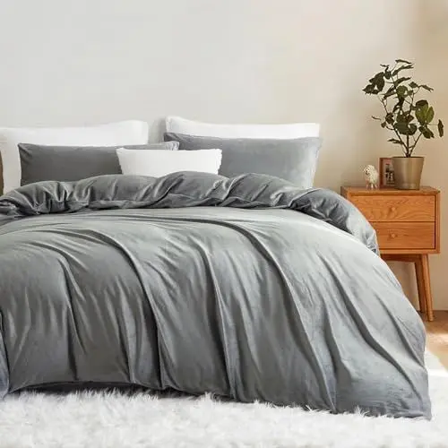 Produktbild: Lanqinglv Flanell Fleece Bettwäsche 220x240 cm Grau Plüsch Flauschig Winterbettwäsche Warme Cashmere Touch Biber Uni Bettbezug mit Reißverschluss und 2 Kissenbezug 80x80 cm