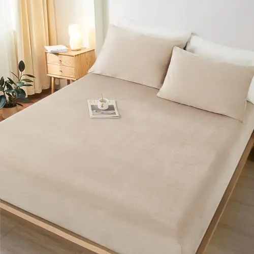 Produktbild: Lanqinglv Flanell Spannbettlaken Bettlaken 140x200 cm bis 25-35 cm Steghöhe Boxspringbett Topper Flauschige Warme Samt Boxspringbett Spannbetttuch Leintuch Cashmere Touch,Haferflocken Beige