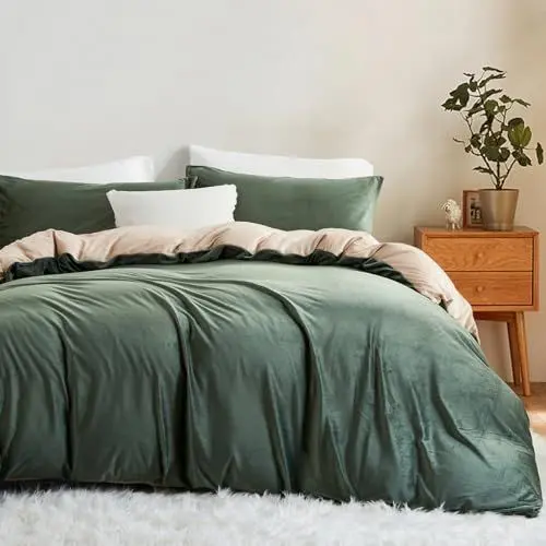 Produktbild: Lanqinglv Flauschig Bettwäsche 200x220 cm Grün Beige Winter Plüsch Flanell Fleece Wendebettwäsche Set Warme Cashmere Touch Biber Bettbezug mit Reißverschluss und 2 Kissenbezug 80x80cm