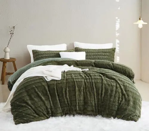 Produktbild: Lanqinglv Plüsch Bettwäsche 135x200 Kunstfell Grün Flauschig Winterbettwäsche Warme Kuschelig Flanell Fleece Cashmere Touch Biber Bettbezug mit Reißverschluss und 1 Kissenbezug 80x80cm