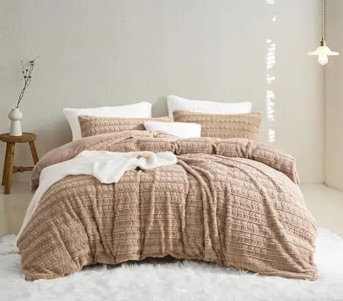 Produktbild: Lanqinglv Plüsch Bettwäsche 135x200 Kunstfell Khaki Flauschig Winterbettwäsche Warme Kuschelig Flanell Fleece Cashmere Touch Biber Bettbezug mit Reißverschluss und 1 Kissenbezug 80x80cm