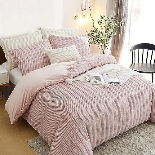 Produktbild: Lanqinglv Plüsch Bettwäsche 135x200 cm Rosa Flauschig Langhaar Kunstfell Winterbettwäsche Warm Kuschelig Flanell Fleece Cashmere Touch Bettbezug mit Reißverschluss und 1 Kissenbezug 80x80cm