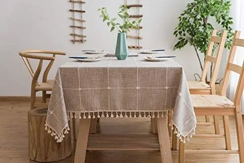 Produktbild: Lanqinglv Quaste Tischdecke 140x220 Beige Kariert Baumwolle und Leinen Tischtuch Rechteck Couchtisch Tischdecke Gartentischdecke Abwaschbar Küchentischabdeckung für Speisetisch (140x220,Beige)