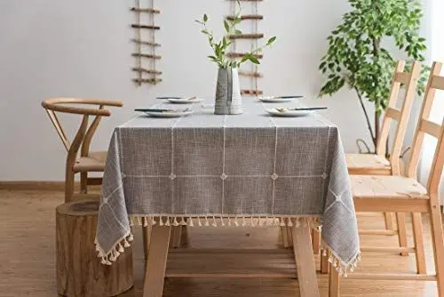 Produktbild: Lanqinglv Quaste Tischdecke 140x240 Grau Kariert Baumwolle und Leinen Tischtuch Rechteck Couchtisch Tischdecke Gartentischdecke Abwaschbar Küchentischabdeckung für Speisetisch (140x240,Grau)