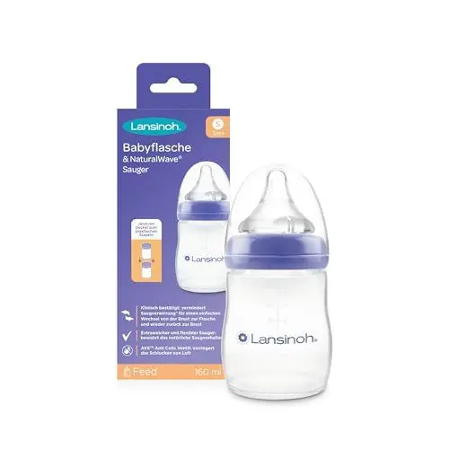 Produktbild: Lansinoh Babyflasche mit NaturalWave Sauger Gr. S, 160 ml - neues kompaktes Design für verbesserte Stabilität - mit stapelbarem Deckel