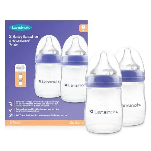 Produktbild: Lansinoh Babyflaschen mit NaturalWave Sauger Gr. S, 160 ml - Doppelpack - neues kompaktes Design für verbesserte Stabilität - mit stapelbarem Deckel, transparent