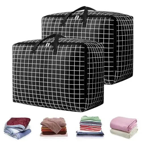 Produktbild: LANSKYLAN 2 Stück Groß Aufbewahrungstasche 105L Bettwäsche Tasche Aufbewahrung Wasserdicht Bettzeug Tasche Unterwegs Oxford Heavy-Duty Bett Große Bettwaren Tasche Beutel für Bettdecken Kissen Kleidung
