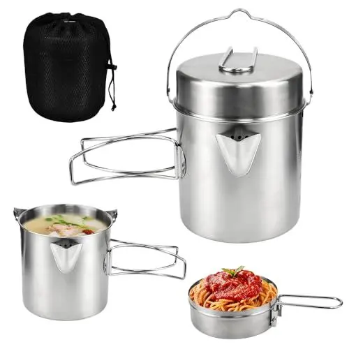 Produktbild: LANSKYLAN Camping Topf 1L Edelstahl Kochgeschirr Set 2 Personen Kochtopf Camping Campinggeschirr Outdoor Picknick Topf Tragbarer Camping Topf Pfanne Set für Picknick Backpacking Camping Wandern
