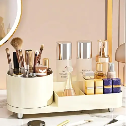 Produktbild: LANSKYLAN Make Up Organizer, 360° Drehbar Kosmetik Organizer Drehbar/Fach 2-in-1 Schmink Organizer Kosmetikregal Kosmetikbox Pinsel Lippenstift Kosmetik Aufbewahrung für Frisiertisch Bad Schlafzimmer